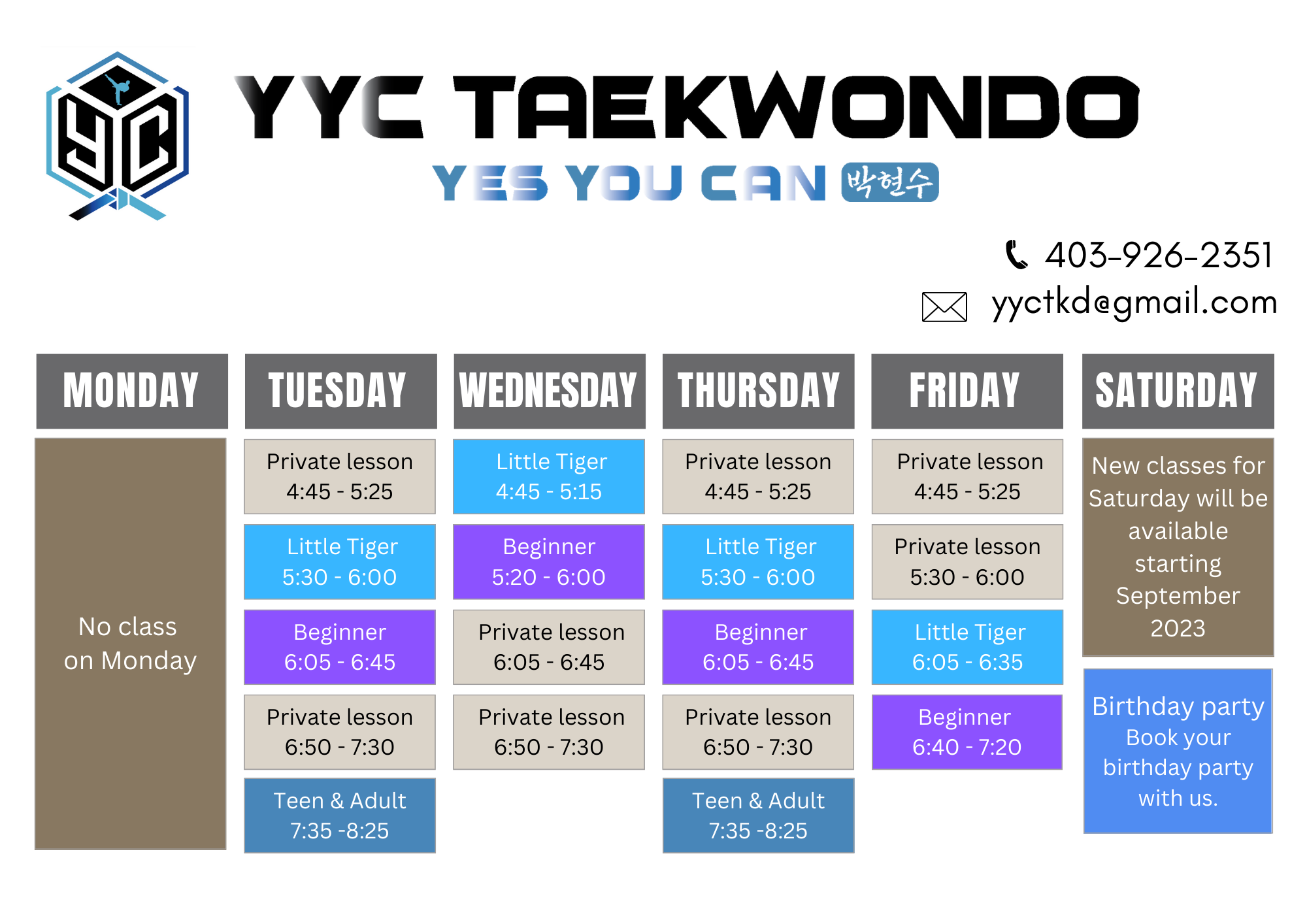 Schedule YYC Taekwondo